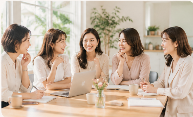 女性たちがカフェのような空間で笑顔で学び合う様子