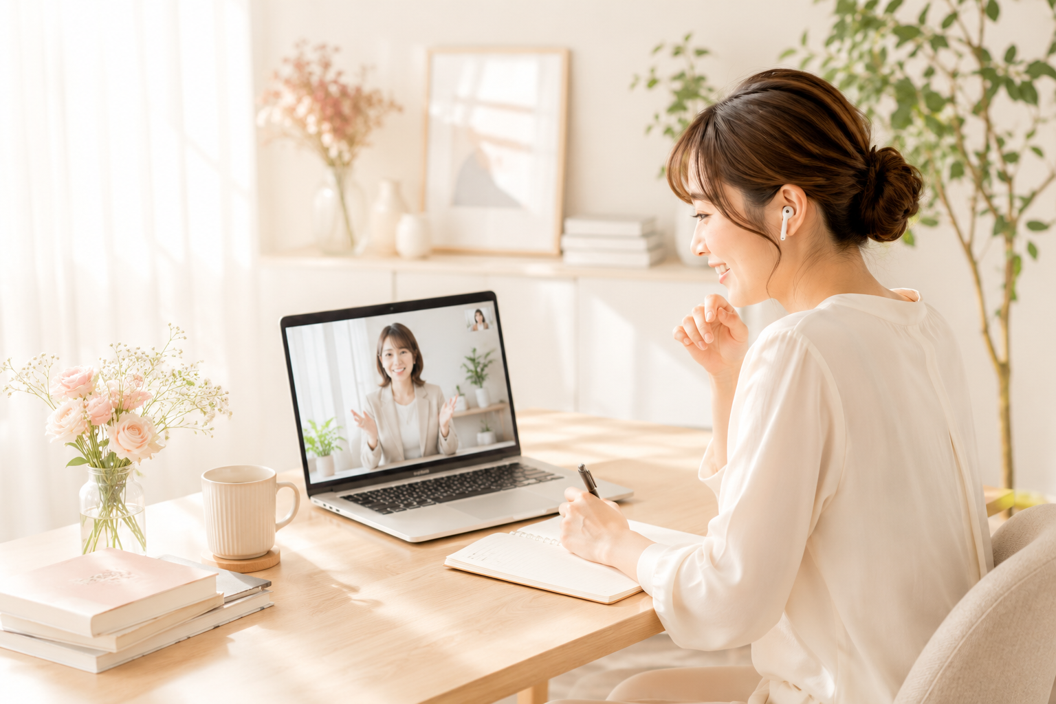 明るい部屋で女性がイヤホンをつけてオンライン体験講座を受けている様子